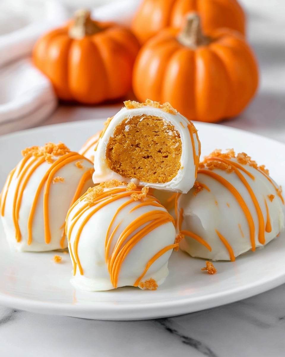 There are five round treats on a white plate with a white marbled texture beneath it. Each treat has an outer smooth white coating layer with bright orange drizzle lines crisscrossing over the top, and tiny orange bits around the edges. Two of the treats are cut in half at the front, showing a thick dense orange mixture inside with a soft texture. The rest of the treats in the background have the same coating and drizzle. Two small decorative orange pumpkins are out of focus behind the plate. Photo taken with an iphone --ar 4:5 --v 7