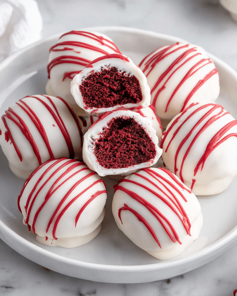 A white plate holds nine round cake balls, each coated with a smooth white chocolate layer decorated with red drizzle lines that run diagonally across the surface. Two cake balls are cut in half, revealing a dense, moist, dark red interior that contrasts sharply with the white outer coating. The white plate sits on a white marbled surface. Photo taken with an iphone --ar 4:5 --v 7
