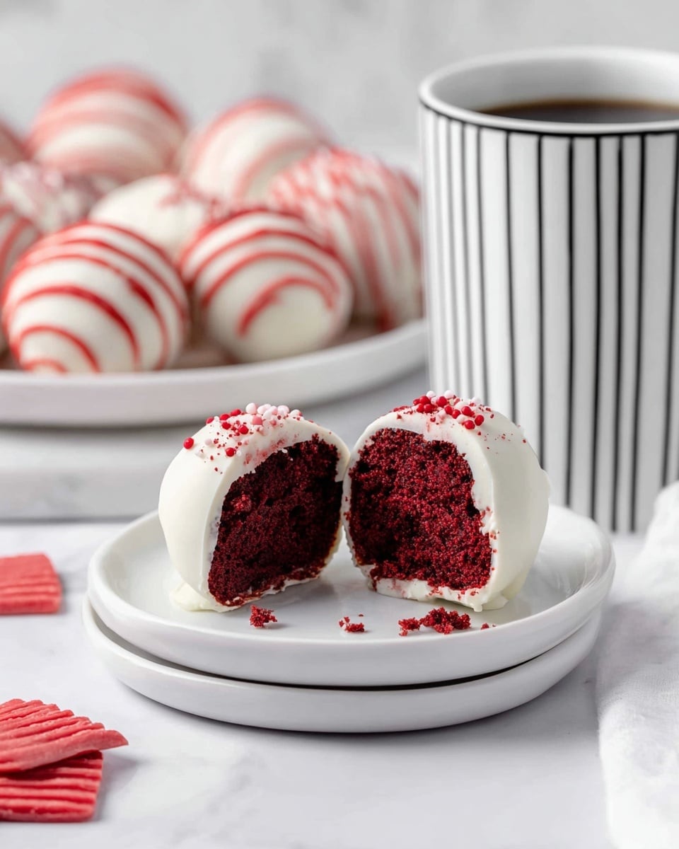 The image shows two halves of a red velvet cake ball with a thick outer layer of smooth white coating. The inside is dark red with a moist, crumbly texture. The white coating is slightly rough with small red sprinkles on top, and the cake balls sit on a stack of two white plates. In the background, round cake balls with white coating and red drizzle are placed on a white marbled surface, along with three red candy wafers on the lower right side. To the left is a tall white cup with a black vertical grid pattern, filled with black coffee. The overall setting is bright and clean, with a white marbled surface beneath everything, photo taken with an iphone --ar 4:5 --v 7