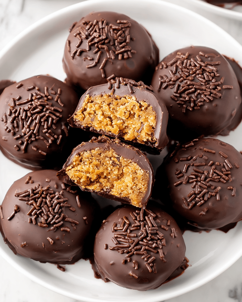 A white plate holds seven round chocolate-covered treats arranged in a circle with one in the center cut in half to show inside. Each treat has a smooth, dark brown chocolate outer layer with chocolate sprinkles scattered on top. The inside filling is crumbly and golden with a slightly grainy texture revealing bits of nuts or crumbs. The chocolate coating looks thick and shiny, with the cut piece showing a clear border between outer chocolate and inner filling. The plate sits on a white marbled surface. photo taken with an iphone --ar 4:5 --v 7