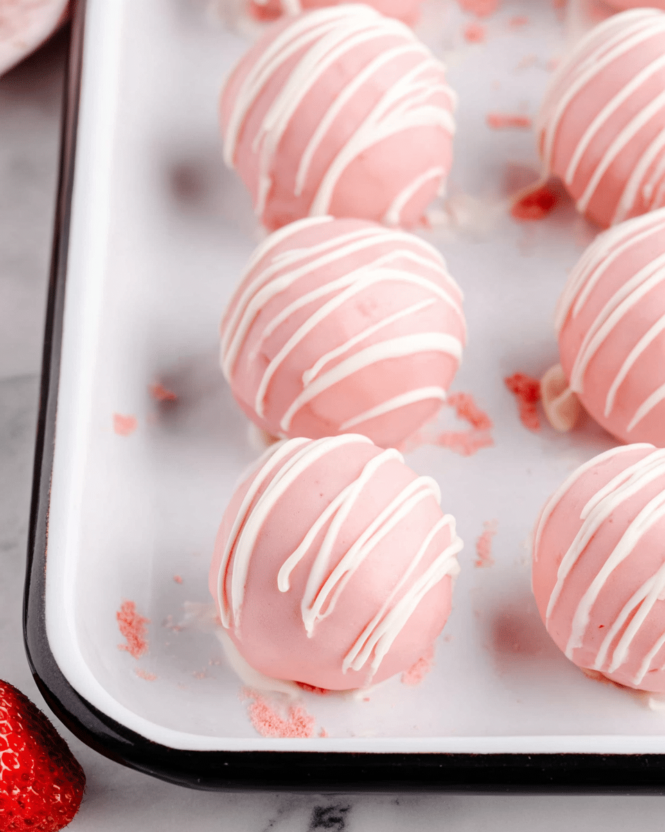 Six round pink cake balls are arranged in two rows on a white tray with a black rim. Each cake ball is coated in smooth, light pink icing and decorated with thin, white icing drizzles running diagonally across the top. The surface of the tray shows a few smudges of white icing and small cake ball crumbs near the edges. The tray is set on a white marbled surface, with a red strawberry partially visible on the left side. photo taken with an iphone --ar 4:5 --v 7