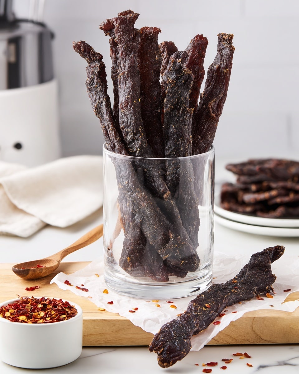A clear glass container filled with dark, wrinkled beef jerky sticks standing upright, each stick showing a rough texture and some red chili flakes embedded in the meat. Around the container, a wooden board holds crumpled white paper sprinkled with red chili flakes and two jerky sticks lying flat, showcasing a deep brown color and uneven shapes. To the left, a small white dish with crushed red pepper flakes and a wooden spoon rest on the white marbled surface, while in the background, a stack of white plates holds additional jerky sticks. The setting is bright and clean with a white marbled texture surface and a faint kitchen backdrop. photo taken with an iphone --ar 4:5 --v 7