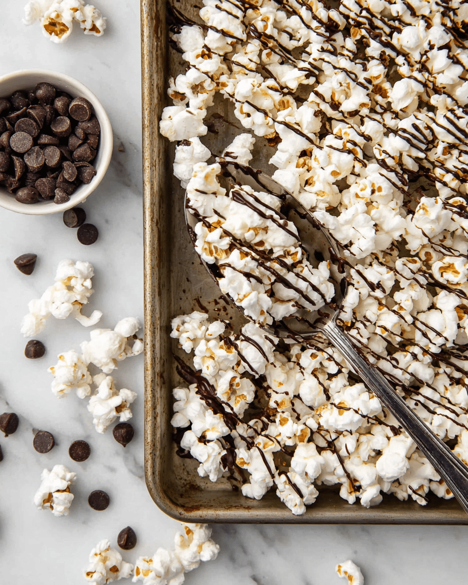 A close-up view of a metal baking tray filled with white popcorn that is sprinkled with dark chocolate drizzle, showing the chocolate in thin, uneven lines across the fluffy popcorn pieces. In the center of the tray, a silver spoon lifts a scoop of the popcorn, highlighting the contrast between the bright white popcorn and the shiny, dark chocolate. Nearby, on the white marbled surface, a white bowl holds dark chocolate chips, some scattered around casually. The entire scene is bright and fresh, with a mix of smooth and rough textures. photo taken with an iphone --ar 4:5 --v 7