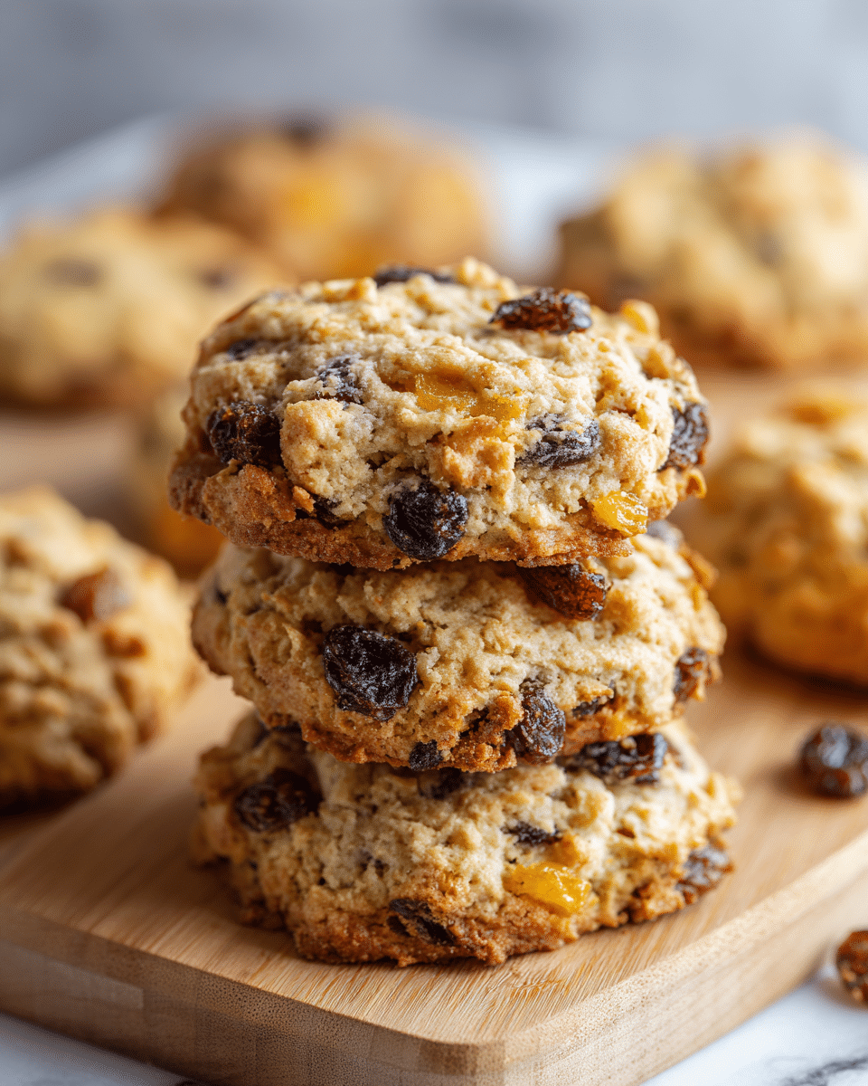 A close-up view of a stack of three chunky cookies on a light wooden board, each cookie thick and rough textured with visible pieces of nuts and dark raisins spread evenly throughout. The top cookie is slightly golden brown with a soft, chewy appearance, while the lower cookies show a mix of light brown and beige tones with darker spots where the dried fruit and nuts sit. Around the stack, more cookies lie flat, showing similar textures and colors. The background is blurred with a warm wooden tone, and the surface beneath the board is a white marbled texture. photo taken with an iphone --ar 4:5 --v 7
