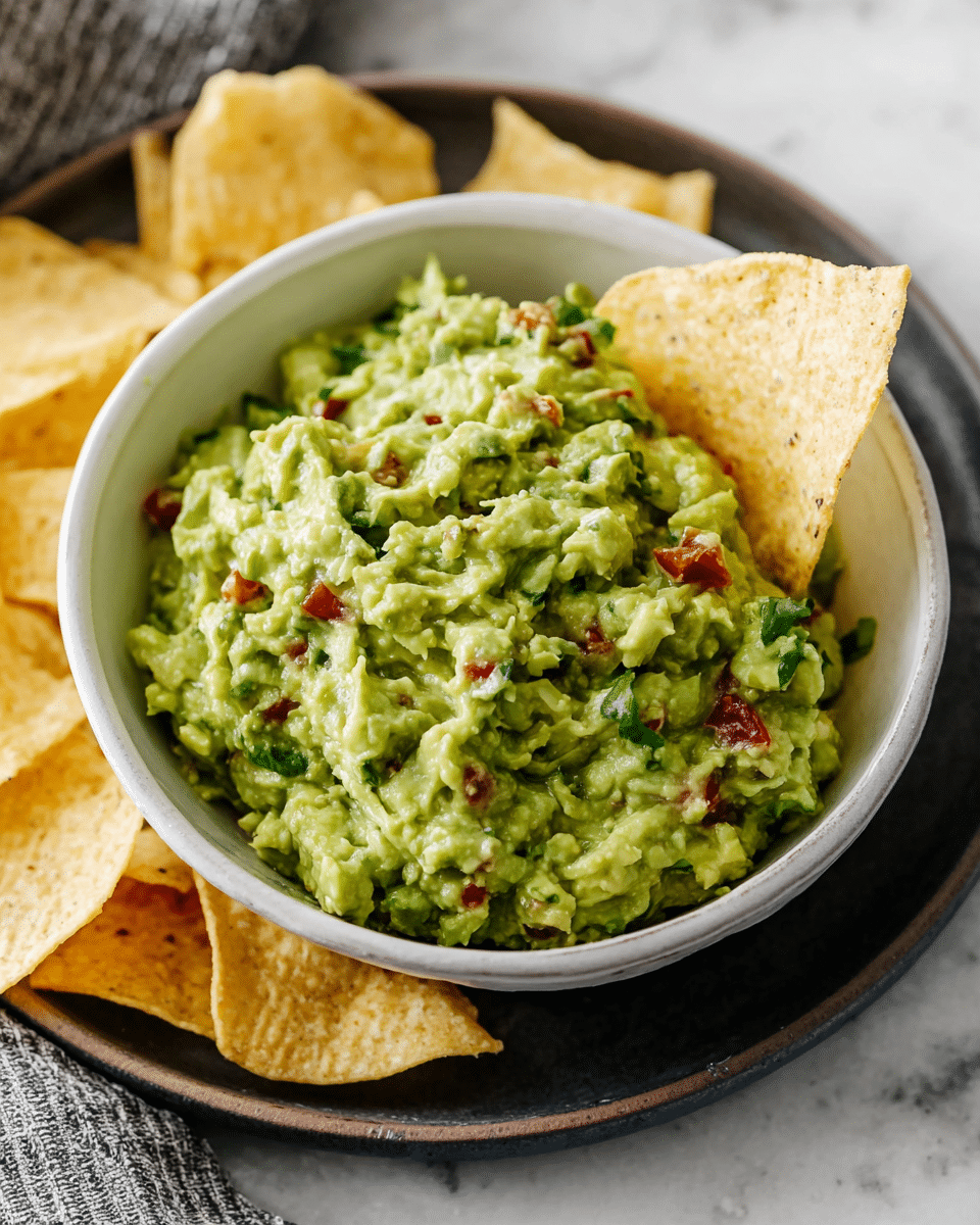 A white bowl filled with chunky green guacamole that has small pieces of red tomato and green herbs mixed in, with a single pale yellow tortilla chip dipped into the guacamole on the right side. The bowl sits on a dark round plate surrounded by several light yellow, crispy tortilla chips. The setting is on a white marbled surface with a textured gray fabric partially visible in the background. photo taken with an iphone --ar 4:5 --v 7
