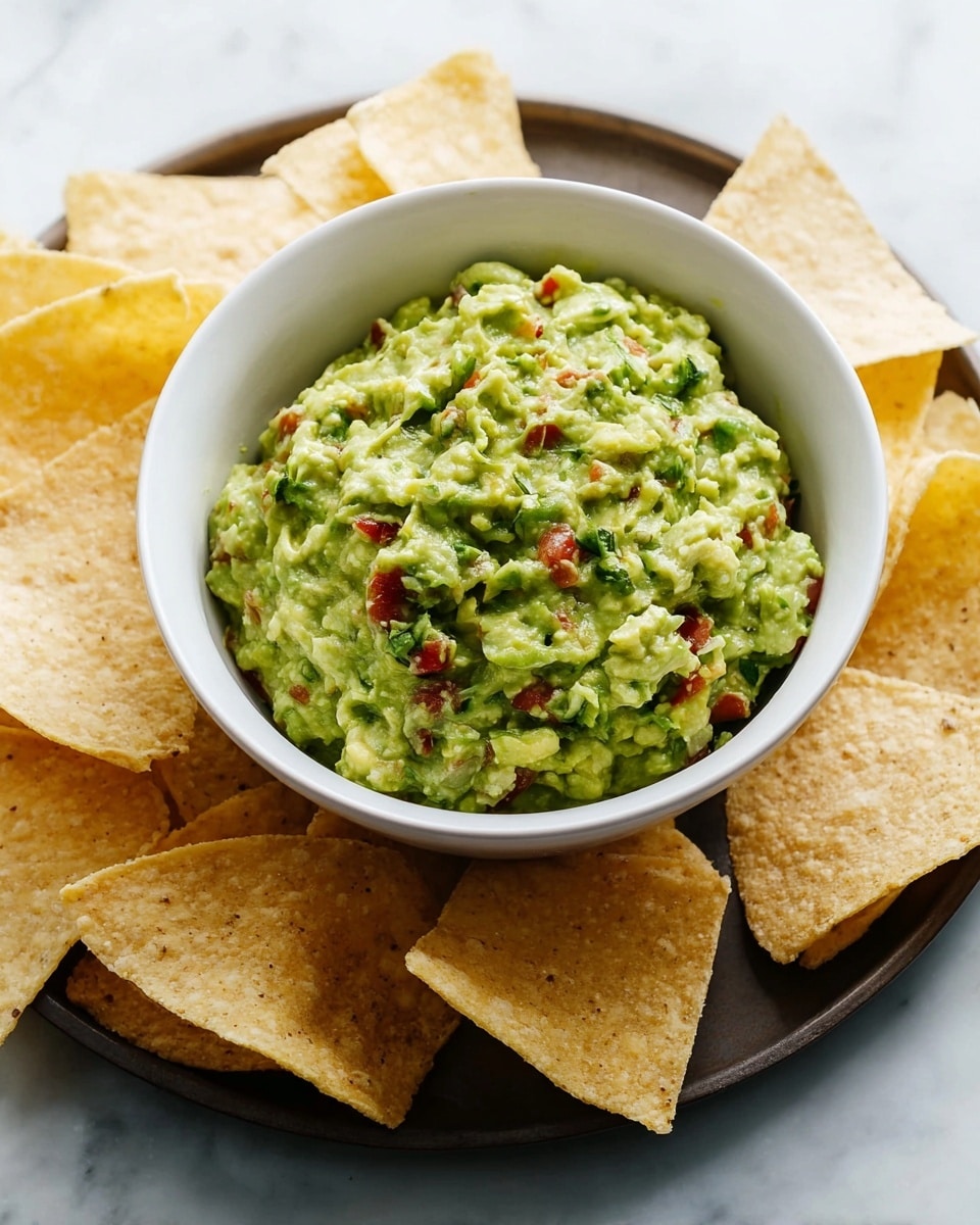 A white bowl filled with chunky green guacamole made of mashed avocado mixed with small pieces of red tomatoes and green herbs, placed in the center of a round dark tray. Around the bowl, there are several pale yellow corn tortilla chips spread out unevenly. The scene rests on a white marbled textured surface, creating a bright and fresh look. photo taken with an iphone --ar 4:5 --v 7