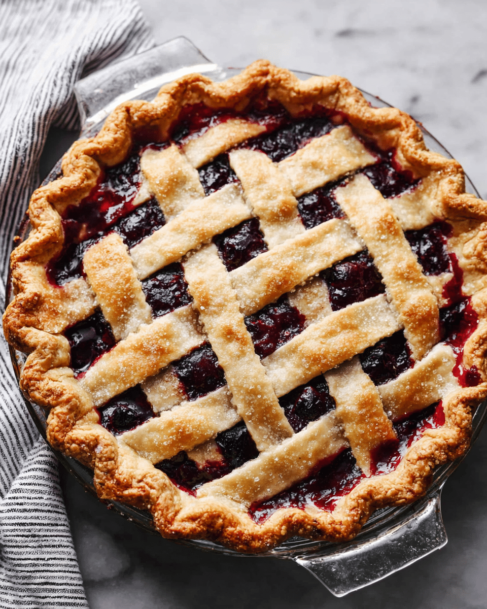 A round berry pie with a golden-brown crust and a lattice top made of thick, light brown strips arranged in a crisscross pattern, showing the dark red berry filling underneath that has a glossy, slightly chunky texture. The crust edges are crimped and browned, giving it a textured and crispy look. The pie is in a clear glass baking dish with handles, placed on a white marbled surface with a striped cloth towel nearby. Photo taken with an iphone --ar 4:5 --v 7