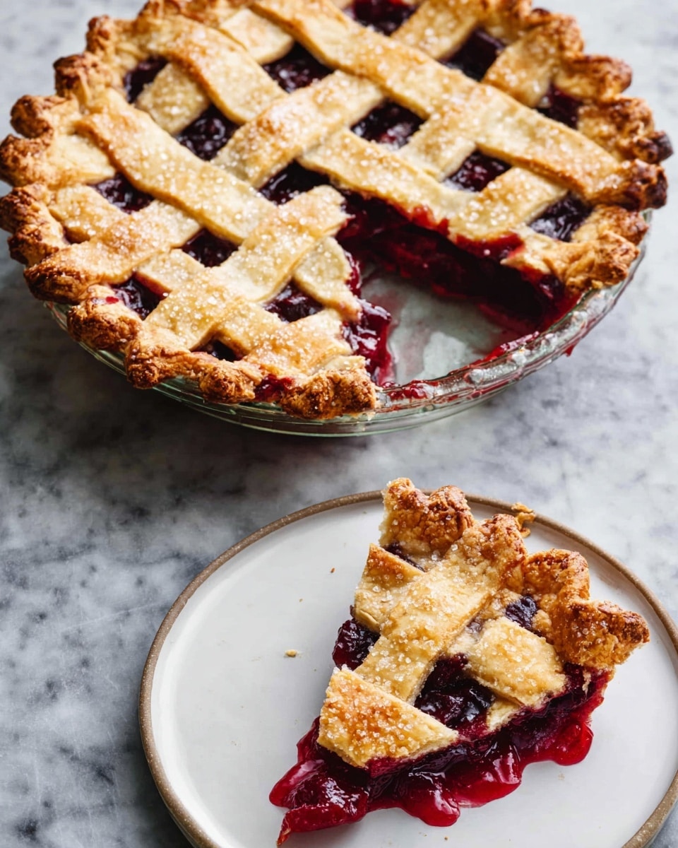 The image shows a fruit pie with a lattice crust in a clear glass pie dish on a white marbled surface. The pie has a golden-brown crust with visible sugar crystals on top and dark red fruit filling peeking through the lattice pattern. A single slice is served on a white plate below the pie dish, showing the thick, juicy fruit filling with a glossy, deep red color beneath the golden crust that has the same lattice pattern on top. The edges of the crust are slightly crimped and browned. Photo taken with an iphone --ar 4:5 --v 7