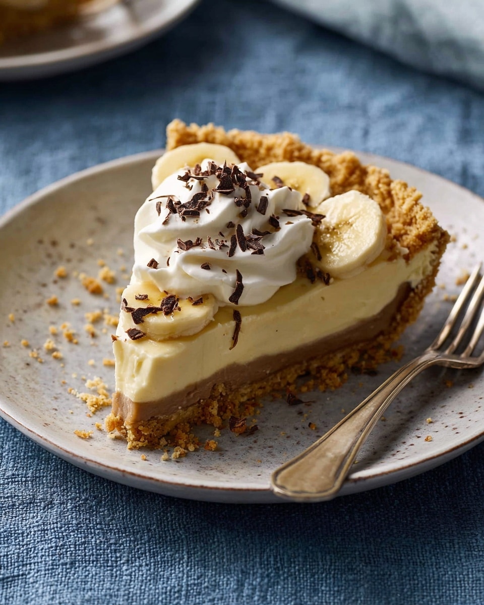A slice of pie is shown on a white plate with a rough textured crust forming the bottom and sides, giving a golden-brown, crumbly look. Inside, there are three clear layers: the bottom crust, a smooth light brown layer, and a thick pale yellow creamy layer at the top. This creamy layer is decorated with several banana slices partially embedded and topped with a dollop of whipped cream sprinkled with small dark chocolate curls. The plate sits on a blue fabric surface with a silver fork placed on the right side. Photo taken with an iphone --ar 4:5 --v 7