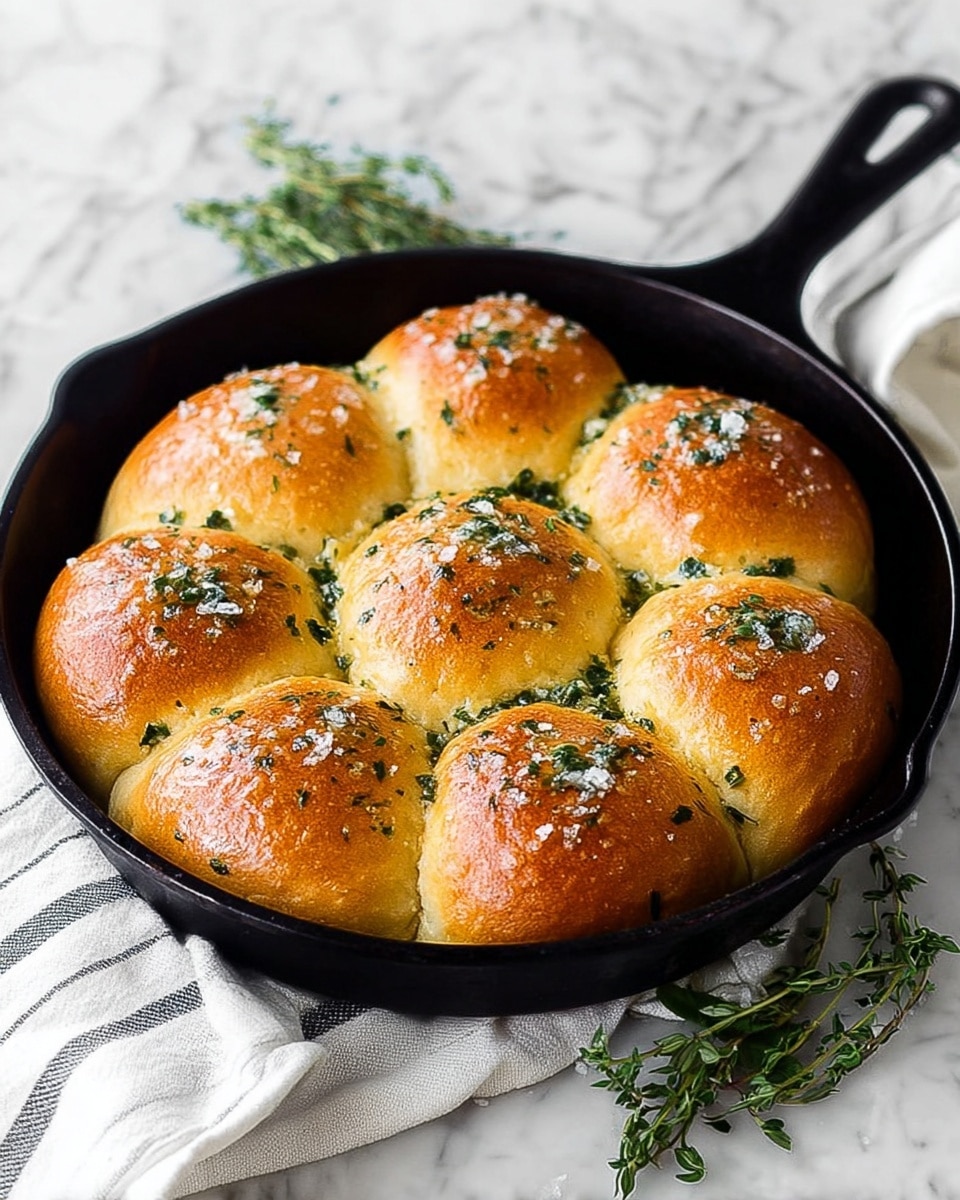 The image shows a black cast iron skillet filled with eight shiny, golden-brown dinner rolls closely baked together. Each roll has a soft, smooth texture and is topped with melted butter mixed with small bits of green herbs and coarse salt. The rolls are arranged in two rows of three with two in the middle, covering the surface of the skillet evenly. The skillet is placed on a white marbled surface, with sprigs of fresh herbs around it and a white-striped cloth nearby. Photo taken with an iphone --ar 4:5 --v 7