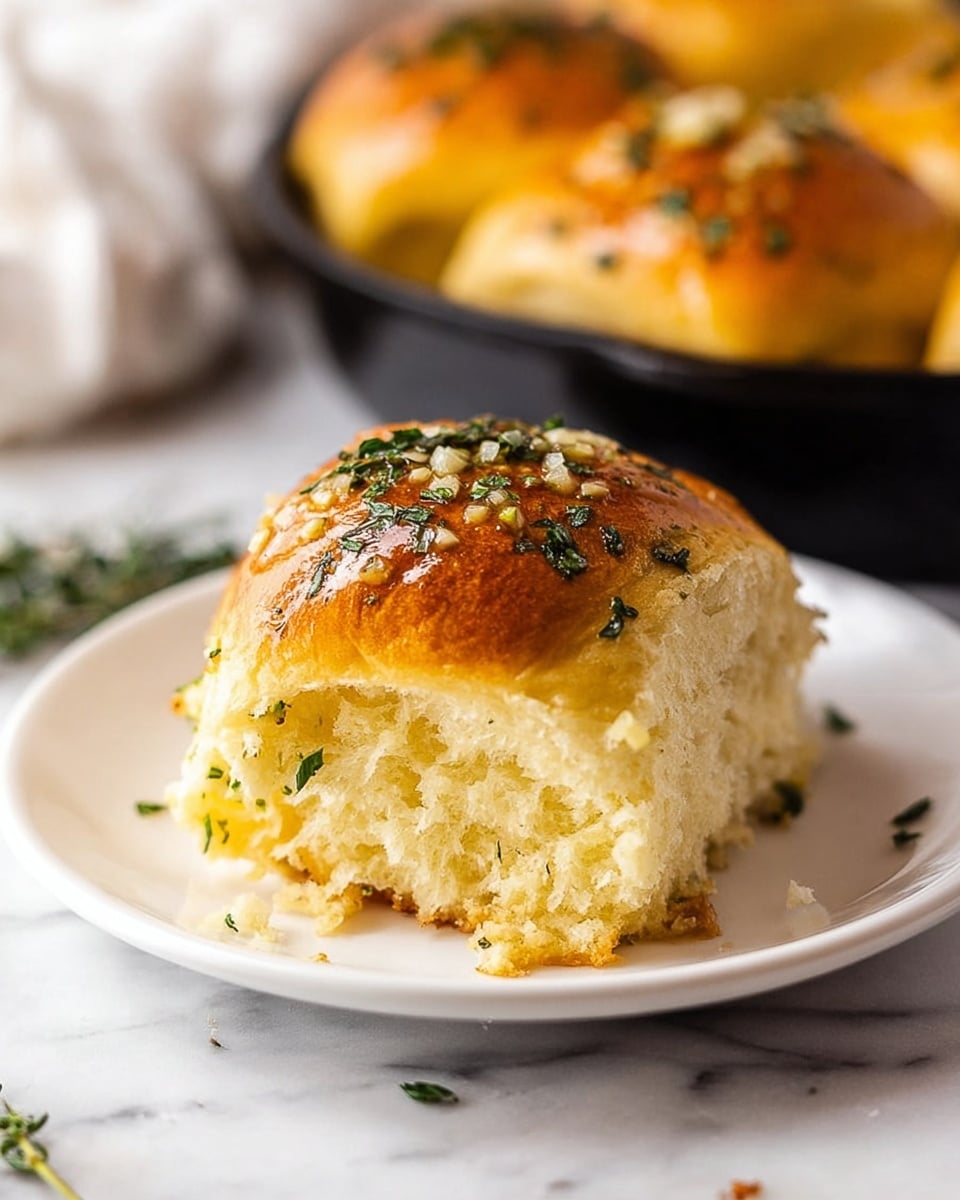 A close-up of a soft, golden dinner roll sitting on a white plate, showing two visible layers: a fluffy, light yellow inside and a shiny, slightly browned top. The top layer is sprinkled with small green herb leaves and tiny pieces of garlic, giving it a textured, fresh look. The plate is on a white marbled surface, with a black skillet blurred in the background holding more rolls and some small scattered herbs around the plate. photo taken with an iphone --ar 4:5 --v 7