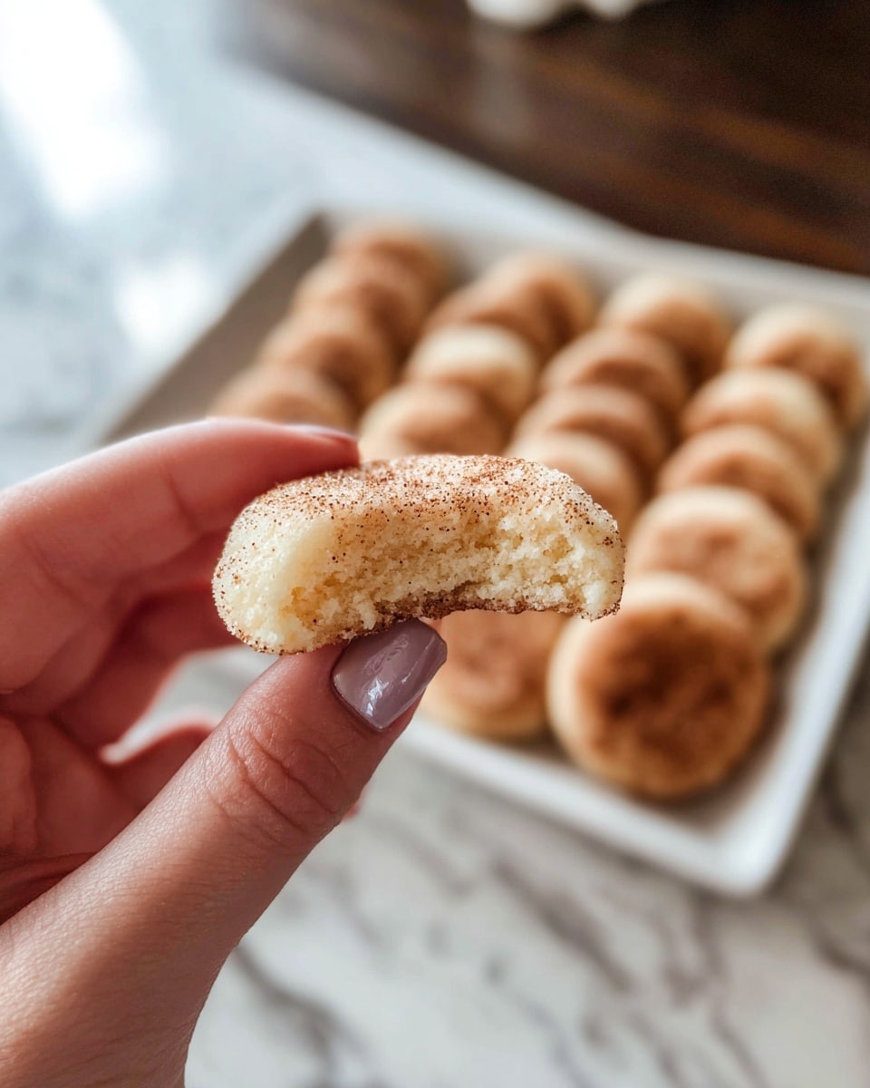 A close-up image of a woman's hand holding a bitten, round cookie with a light beige center and a slightly darker, grainy cinnamon sugar coating on the outside; in the background, there is a white rectangular tray filled with similar round cookies arranged in rows, all set on a white marbled texture surface. photo taken with an iphone --ar 4:5 --v 7