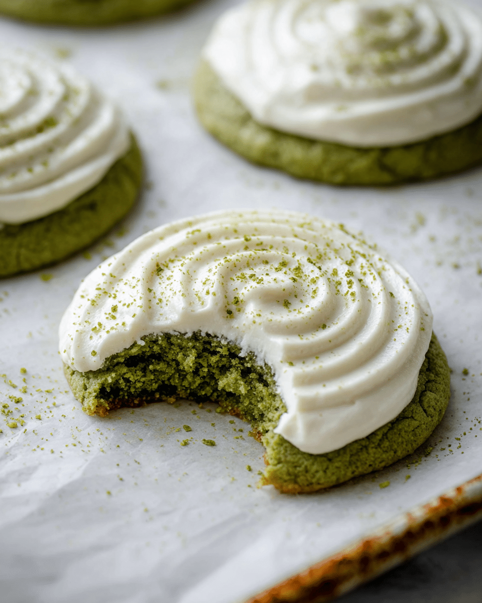 The image shows green cookies topped with a thick layer of white frosting swirled in a circular pattern, sprinkled with a fine green powder. One cookie in the foreground has a bite taken out, revealing a soft, moist green interior. The cookies are placed on white parchment paper on a baking tray with a slightly rusty edge. The texture of the frosting is smooth and creamy, while the cookie base looks soft and dense. The background has a white marbled texture. Photo taken with an iphone --ar 4:5 --v 7