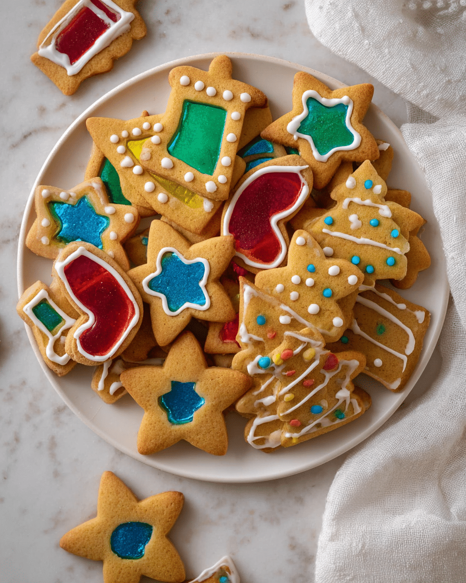 A white plate filled with various Christmas-shaped cookies including stars, trees, stockings, and bells, each with a smooth textured golden-brown base. The cookies are decorated with colorful translucent candy centers in red, green, blue, and yellow, creating a stained-glass effect. White icing dots, lines, and zigzags adorn the cookie edges and shapes, adding contrast and detail. Extras like a star-shaped cookie with a blue candy center and white icing are placed beside the plate on a white marbled surface. A white cloth is partly seen at the top right corner. Photo taken with an iphone --ar 4:5 --v 7