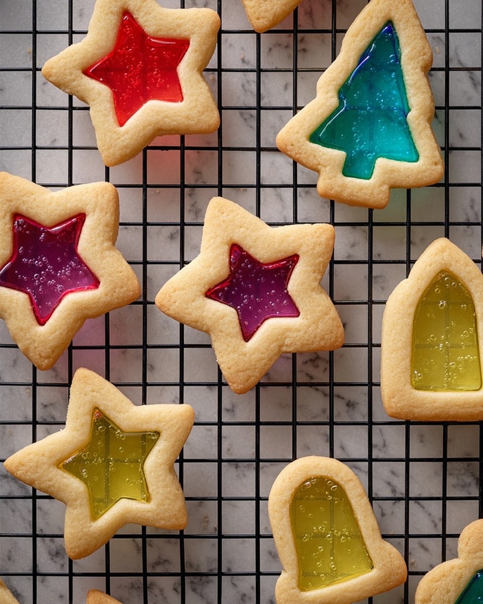 The image shows several cookies on a black cooling rack placed over a white marbled surface. Each cookie is made of a light tan dough and has a cut-out shape in the center filled with shiny, translucent candy in bright colors. There are five star-shaped cookies with stained glass centers in red, green, and purple. Other cookies include a tree shape with a blue center and bell shapes filled with either red or yellow candy. The candy centers have small bubbles inside, giving a glass-like texture, and the cookie edges are smooth and slightly golden. photo taken with an iphone --ar 4:5 --v 7