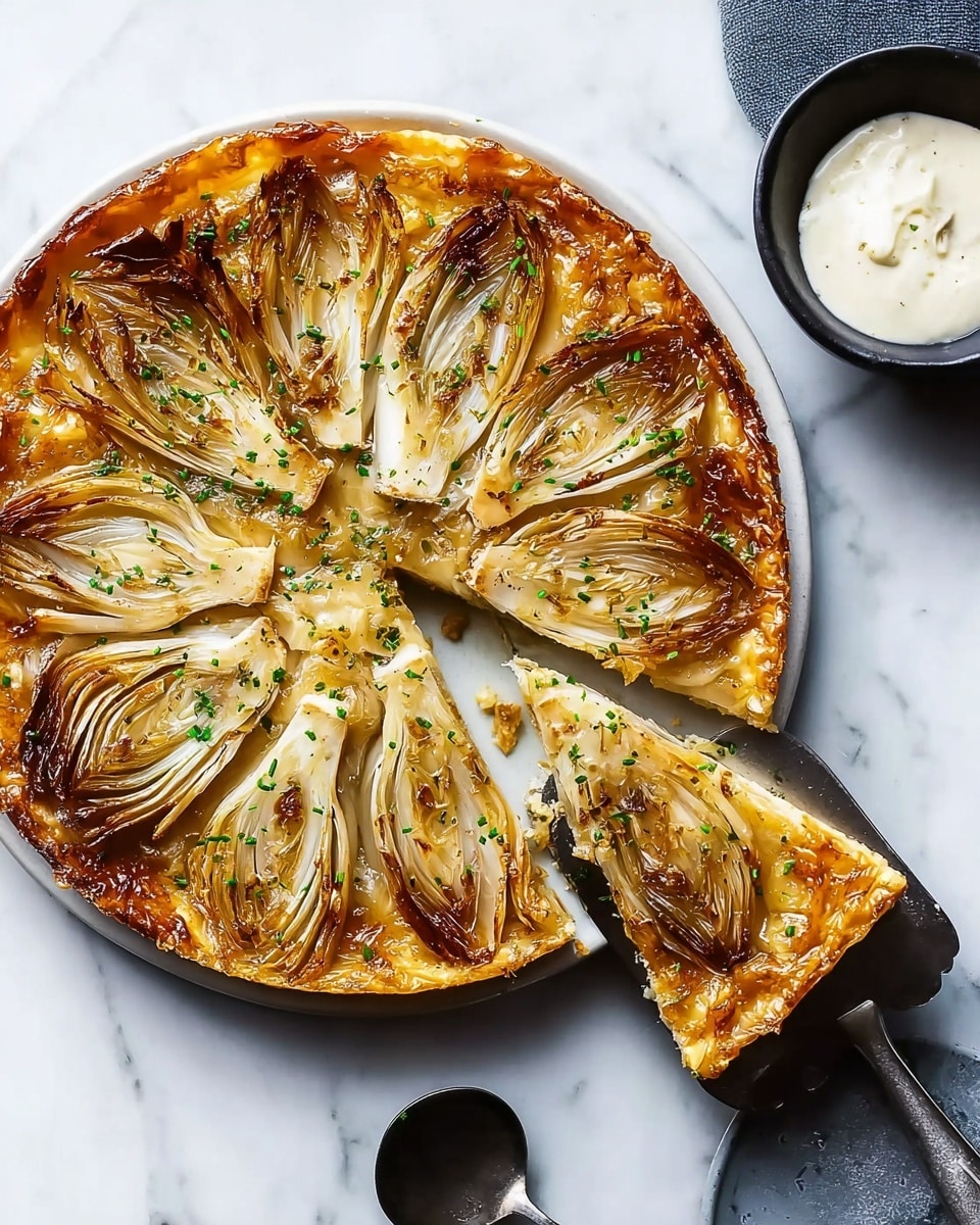A round tart with a golden brown, crispy crust forms the base layer, topped with caramelized, slightly translucent layered pieces of light brown endives arranged like flower petals in a radial pattern. Finely chopped green herbs are sprinkled evenly over the surface, adding small pops of color. One slice is being lifted by a silver serving spatula, showing the soft texture of the tart. The tart sits on a white plate placed on a white marbled surface, with a small black bowl of creamy white sauce and a black spoon visible nearby. Photo taken with an iphone --ar 4:5 --v 7