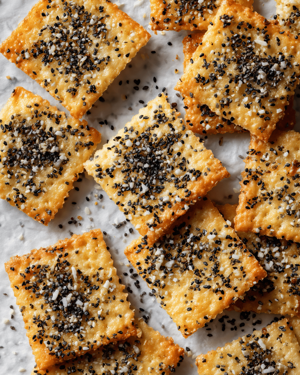 The image shows several square pieces of thin, crispy crackers with a golden-brown top layer covered in white sesame seeds, black poppy seeds, and small bits of toasted garlic. The crackers have multiple thin, flaky layers visible on their sides. They are arranged closely together on a sheet of parchment paper over a white marbled surface. The overall color palette is warm with light beige and golden tones contrasted by the black and white seeds. photo taken with an iphone --ar 4:5 --v 7