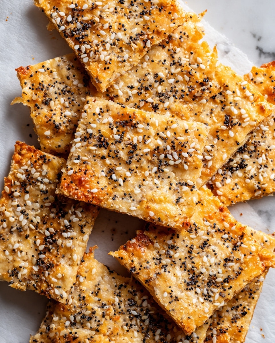 The image shows several small, square-shaped crackers arranged closely together on white parchment paper over a white marbled surface. Each cracker has two thin, light golden layers that look flaky and crispy. The top layer is sprinkled generously with a mix of black poppy seeds, white sesame seeds, and finely chopped garlic bits, adding texture and color contrast. The edges of the crackers are slightly uneven, showing their homemade quality. Photo taken with an iphone --ar 4:5 --v 7