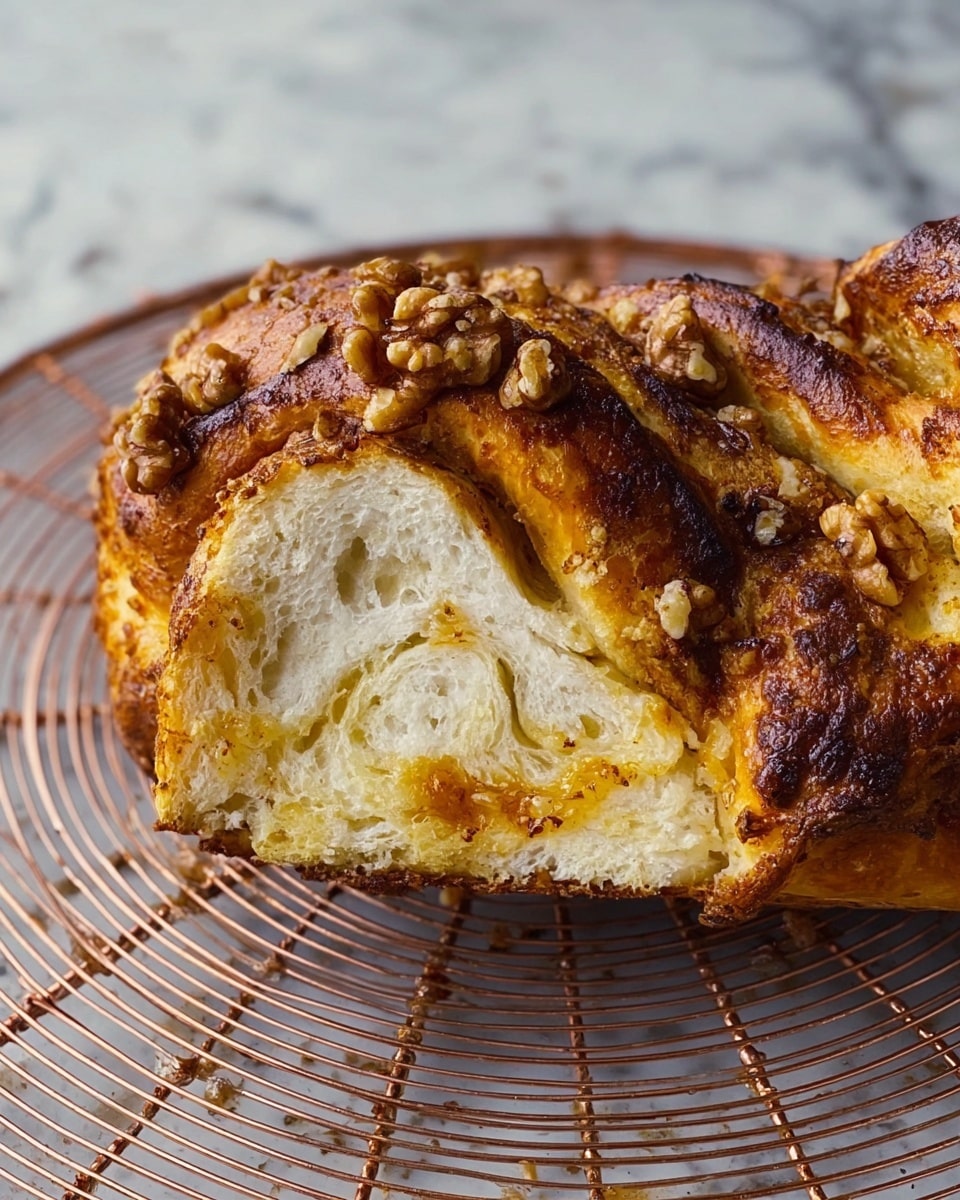 The image shows a close-up of a twisted bread loaf resting on a round copper wire cooling rack, set on a white marbled surface. The bread has a golden-brown crust with uneven darker spots, topped with pieces of baked walnut scattered throughout. The loaf is partially torn open at the top, revealing soft, fluffy, and creamy white inner layers with swirls of a light yellow filling, likely a sweet paste or butter. The textures contrast between the crunchy exterior and the airy, tender inside. Photo taken with an iphone --ar 4:5 --v 7