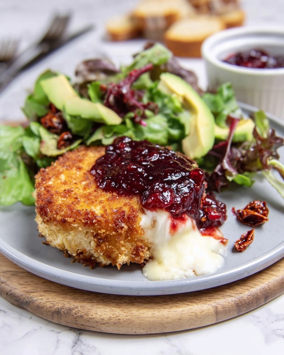 A white plate holds a golden brown fried cheese patty with a crispy texture, topped with a thick layer of dark red cranberry sauce and creamy white melted cheese oozing out from the side. Next to it is a fresh salad made of green and purple leafy lettuce, with small pieces of avocado and dark red dried peppers scattered on top. The plate is placed on a light wooden board, all set on a white marbled surface. In the background, there are blurred pieces of bread and a small white bowl with extra cranberry sauce. Photo taken with an iphone --ar 4:5 --v 7