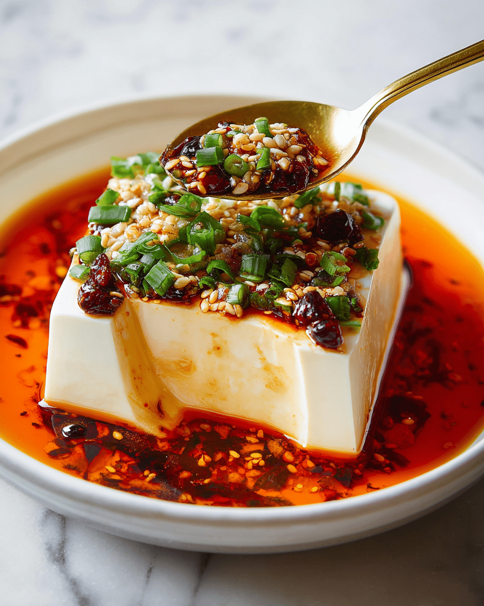 A smooth block of soft tofu sits in a white bowl filled with an orange-red chili oil sauce, partly cut to reveal its silky white inside; on top, there is a generous layer of finely chopped green onions, white sesame seeds, and dark bits that look like pickled or dried vegetables, adding texture and color contrast. A golden spoon holds a small piece of tofu, coated in the chili oil sauce, resting on the bowl's edge. The dish sits on a white marbled surface. Photo taken with an iphone --ar 4:5 --v 7