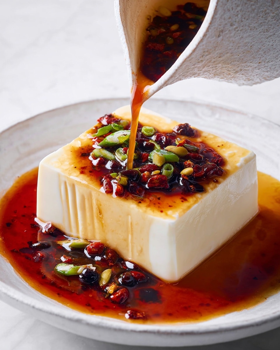 A white rectangular block of soft tofu sits in the center of a white plate, with subtle vertical lines on its sides. A dark red-brown sauce, oily and glossy, is being poured over the tofu from a white, textured pouring vessel in the top right corner. On top of the tofu, the sauce has small pieces of red chili, sliced green onions, and tiny bits of dark fermented black beans floating, adding texture and color contrast. The sauce pools around the tofu, creating a rich, shiny layer that spreads unevenly on the white plate. The background is a clean white marbled texture. photo taken with an iphone --ar 4:5 --v 7
