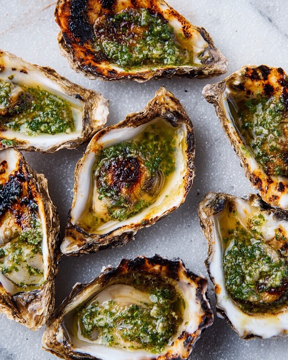 Several grilled oysters are arranged on a white marbled surface. Each oyster shell is rough and charred around the edges, showing dark brown and black spots where they were cooked. Inside, the oysters sit in their irregular, off-white shells with a soft, shiny, creamy texture. On top of each oyster, there is a green herb sauce spread unevenly, with a chunky texture and some oil that gives a glossy finish. The oysters vary slightly in size, with the sauce filling most of the shell’s cavity. Photo taken with an iphone --ar 4:5 --v 7
