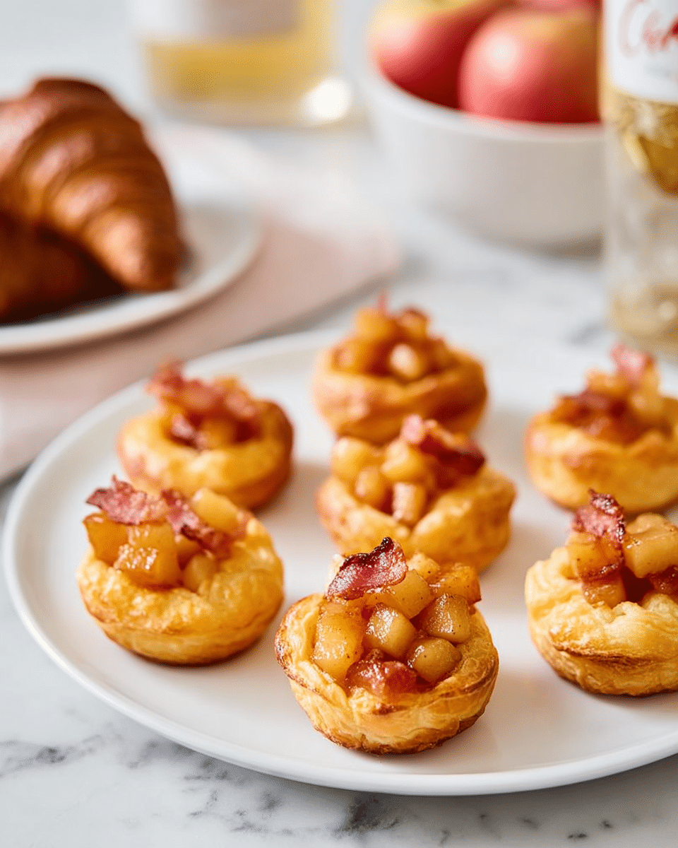 A white plate holds eight round, golden-brown puff pastries arranged in a circle, each topped with small cubes of light caramelized fruit and a thin strip of crispy, reddish-brown bacon on top. The puff pastries have a flaky and airy texture, with the toppings sitting neatly in the hollow center. The backdrop is a white marbled surface, with croissants in a white bowl and some apples slightly blurred in the background, creating a warm, inviting setting. Photo taken with an iphone --ar 4:5 --v 7