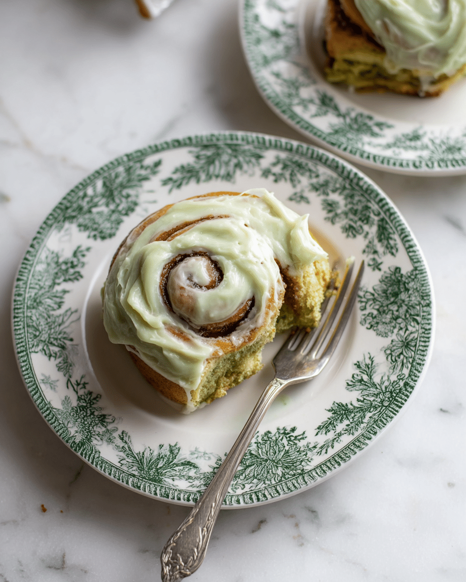 The image shows a cinnamon roll with two main layers: a light green dough base with a slightly cooked brown spiral pattern inside, topped with a thick layer of pale green icing spread unevenly on top, creating a creamy texture. A portion of the roll is taken with a silver fork resting on a white plate decorated with a dark green floral pattern along the edge. The background is a white marbled texture, and there is a partial view of another cinnamon roll on a similar plate in the upper right corner. Photo taken with an iphone --ar 4:5 --v 7