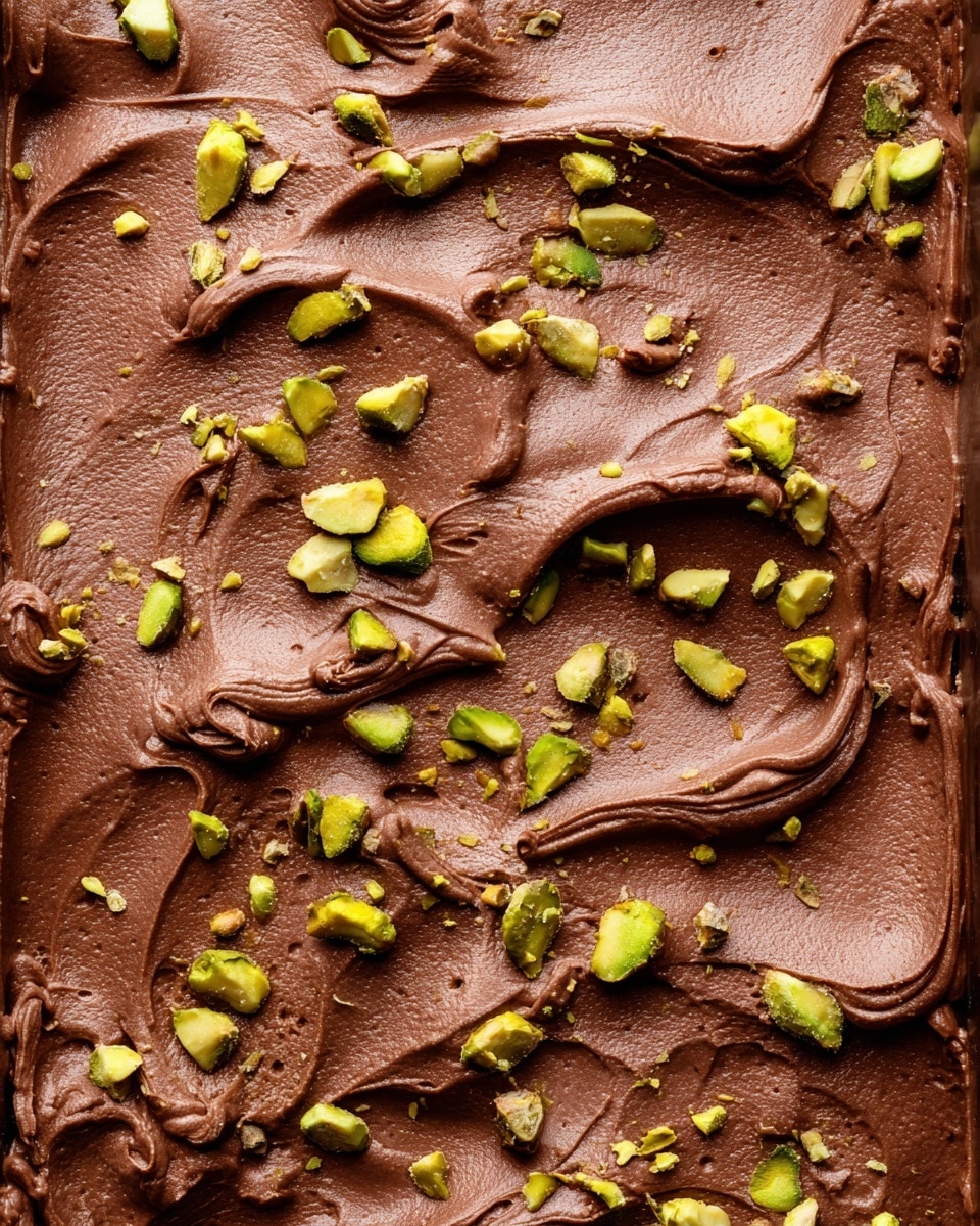 A close-up top view of a creamy chocolate dessert with a smooth, swirled texture covering the entire surface, scattered evenly with small pieces of chopped green pistachio nuts that add a bright contrast to the deep brown chocolate. The dessert looks rich and soft, with slight folds and peaks in the chocolate layer creating a homemade feel, all set against a white marbled textured background. photo taken with an iphone --ar 4:5 --v 7