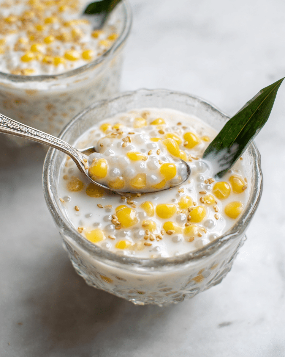 A clear glass bowl with scalloped edges holds a creamy white dessert mixed with bright yellow corn kernels, topped with a dark green leaf and sprinkled with light brown sesame seeds. A detailed silver spoon rests inside the bowl, its handle extending outwards. The bowl is set on a white marbled surface, with some sesame seeds scattered around it, and another similar bowl is partially visible in the background. photo taken with an iphone --ar 4:5 --v 7