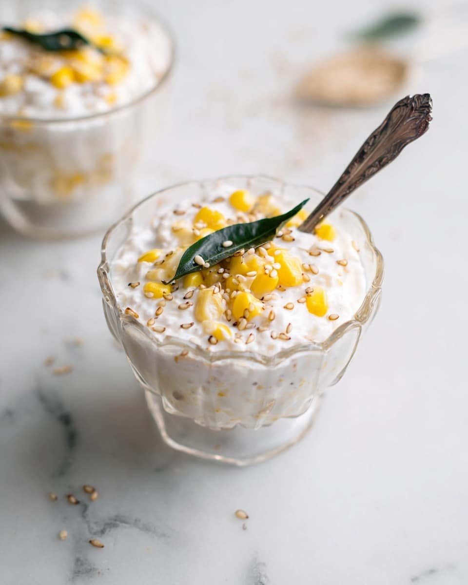 The image shows a glass bowl with a scalloped rim filled with a creamy white dessert with visible layers of translucent small tapioca pearls at the bottom, bright yellow corn kernels scattered throughout the middle, and a few toasted sesame seeds sprinkled on top. A dark green pandan leaf is partially submerged on the side. A silver ornate spoon rests inside the bowl, scooping up a mix of tapioca pearls and corn in the creamy liquid. The bowl is placed on a white marbled surface with another similar bowl slightly blurred in the background. photo taken with an iphone --ar 4:5 --v 7