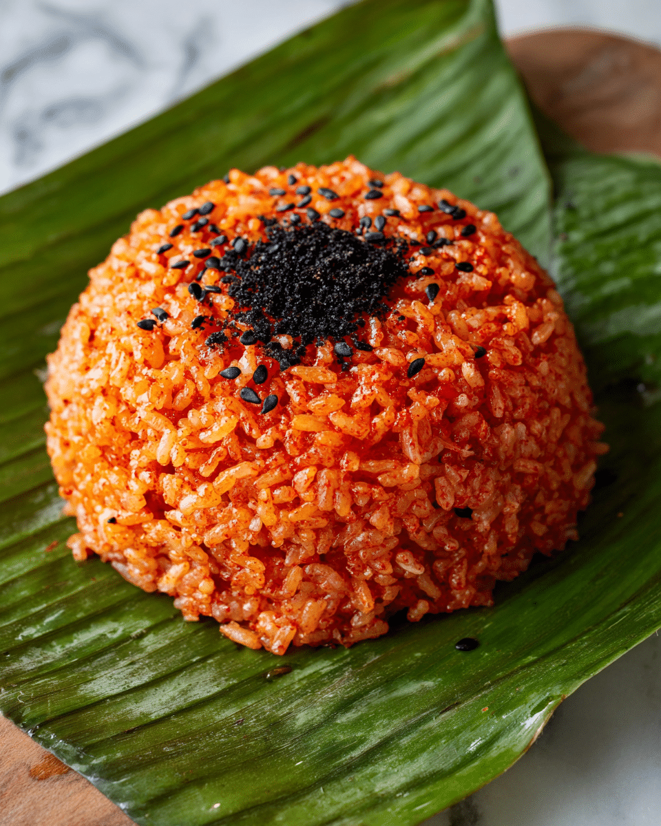 A single dome-shaped mound of cooked rice colored deep orange-red, indicating it is mixed with a spicy seasoning, sits on a large green leaf. The rice grains are distinct and slightly glossy, with a rough texture from the spices. Scattered thickly over the top and some on the surface beneath are small black sesame seeds, with a small cluster of darker black seeds or powder centered on the dome. The green leaf is narrow, long, and textured with visible veins and a glossy finish, placed on a white marbled texture. photo taken with an iphone --ar 4:5 --v 7