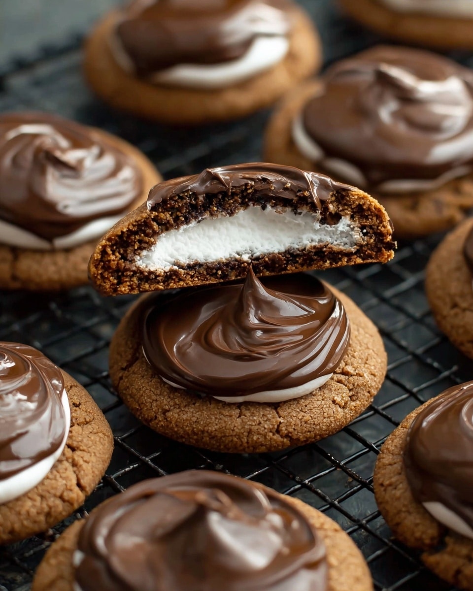 Several soft brown cookies sit on a black cooling rack, each topped with a smooth, shiny layer of dark chocolate creating a swirled texture. At the center, one cookie is cut in half and held upright, showing three layers: a thick glossy dark chocolate top layer, a middle white fluffy marshmallow layer, and a bottom soft brown cookie layer. The cookies have a slightly cracked appearance on the edges. photo taken with an iphone --ar 4:5 --v 7
