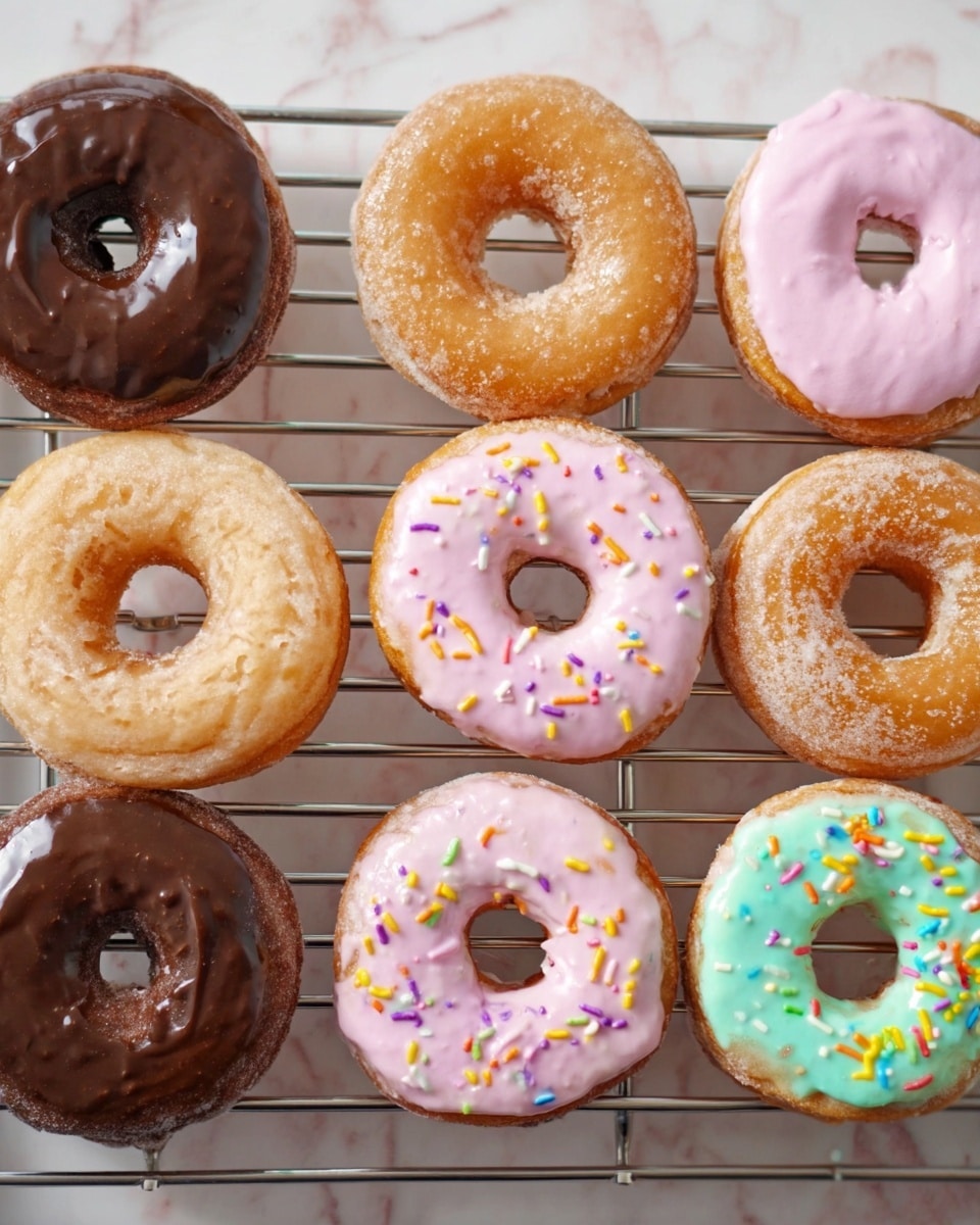 A stack of three donuts sits on a silver wire rack above a white marbled surface. The bottom donut has a light tan glaze with a shiny, smooth texture. The middle donut is coated with a thick, dark brown chocolate glaze that drips over the sides, giving a rich and glossy look. The top donut is covered in pale pink icing sprinkled with colorful round candy bits in yellow, green, blue, and pink, with the icing smooth and slightly glossy. Other similar donuts with various glazes and toppings are blurred in the background. Photo taken with an iphone --ar 4:5 --v 7