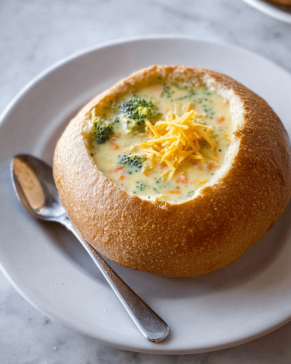 A round bread bowl with a golden-brown crust is filled with creamy soup that has visible small green broccoli pieces and tiny bits of orange carrots. On top of the soup is a small pile of shredded yellow cheese. The lid of the bread bowl is placed behind it on a plain white plate, with a shiny silver spoon next to the bowl. The whole setup is on a white marbled surface. photo taken with an iphone --ar 4:5 --v 7