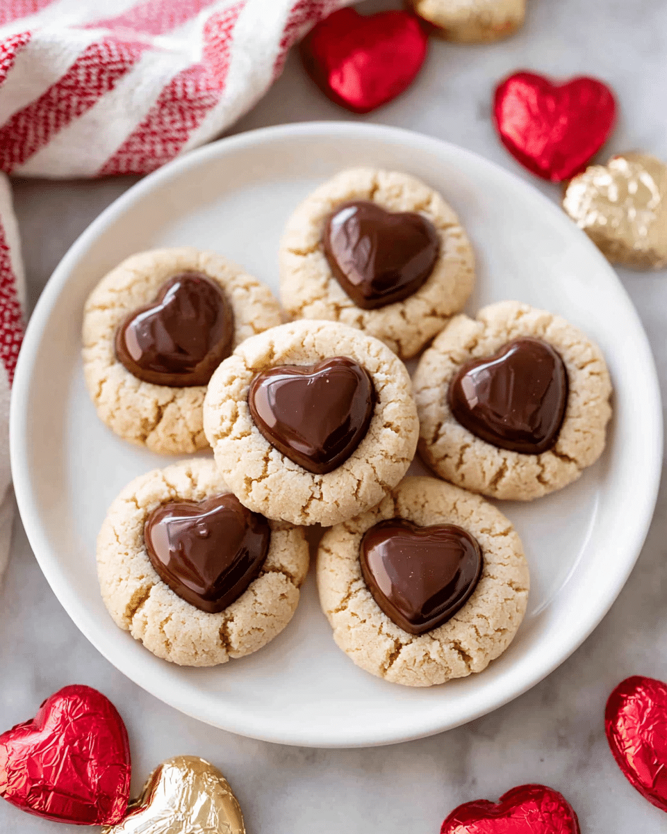 A white round plate holds six light tan cookies with a cracked, soft texture, each topped with a smooth, dark brown heart-shaped chocolate centered on top; around the plate, there are shiny red and gold heart-shaped foil chocolates scattered, and a piece of red and white striped cloth is visible in the top left corner, all placed on a white marbled surface. photo taken with an iphone --ar 4:5 --v 7