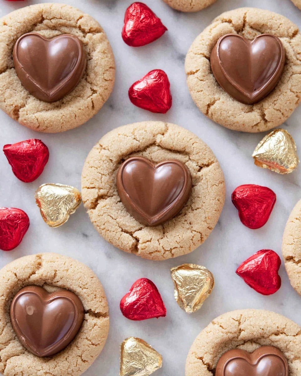 The image shows several round, light tan cookies with cracks on their surface, each topped with a smooth, shiny heart-shaped milk chocolate piece placed in the center. Around the cookies, there are small heart-shaped foil-wrapped chocolates in bright red and gold scattered on a white marbled background. The cookies have a soft, crumbly texture and are evenly spaced across the frame, creating a neat and sweet arrangement. photo taken with an iphone --ar 4:5 --v 7
