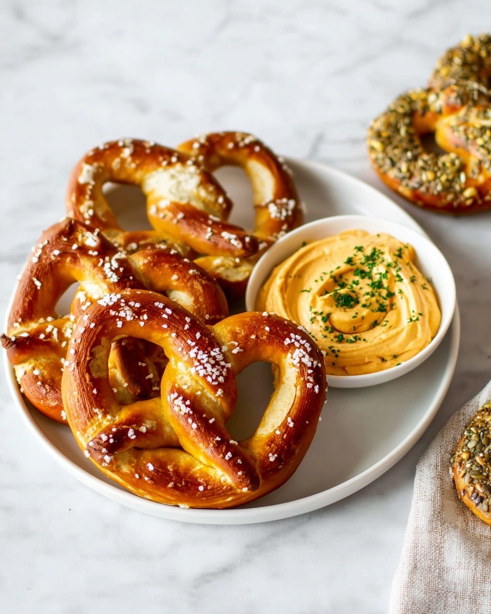A white plate holds three golden brown pretzels with a shiny crust sprinkled with white coarse salt, sitting in a loose triangle shape. Next to them is a small white bowl filled with creamy orange spread, swirled on top and garnished with small green herbs. The pretzels have a smooth texture with a slightly cracked lighter portion at the center of each loop. To the side, partially visible, are two more pretzels, one topped with large green seeds and the other seasoned with coarse salt, all placed on a white marbled surface. photo taken with an iphone --ar 4:5 --v 7