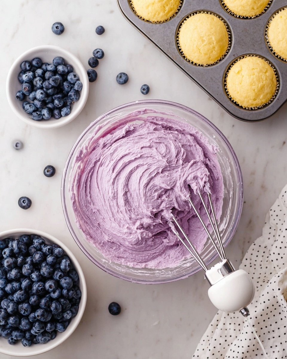 A clear glass bowl sits in the center filled with thick, creamy, light purple blueberry batter, showing soft swirls made by two metal beaters attached to a white hand mixer placed inside the bowl. To the top right, there is a metal cupcake pan holding four plain, light yellow cupcakes. On the left side, a white bowl is full of dark blue fresh blueberries, with a few blueberries scattered around on the white marbled surface. A white cloth with small black dots is partially visible in the bottom right corner. The whole scene is set on a clean white marbled texture. photo taken with an iphone --ar 4:5 --v 7