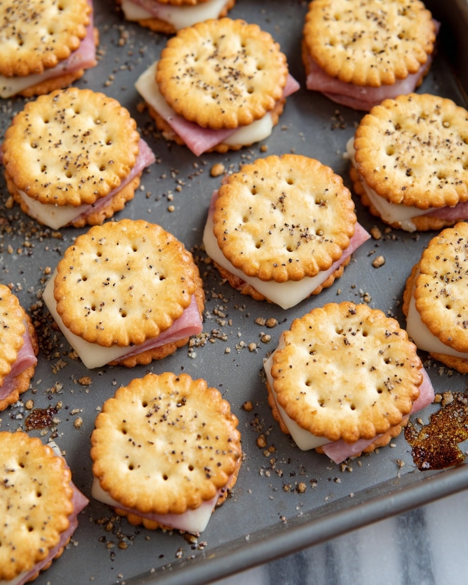 The image shows multiple small sandwich snacks arranged on a gray baking tray. Each sandwich has two round golden-brown crackers with a scalloped edge and small holes on top, sprinkled with black poppy seeds and tiny bits of crushed nuts. Between the crackers, there is a layer of melted white cheese and a layer of pink ham, both peeking out slightly from the sides. The cheese is melted and soft, while the ham looks thin and cooked. The tray has some shiny spots suggesting it was hot or greased. The background visible at the side is a white marbled texture. photo taken with an iphone --ar 4:5 --v 7