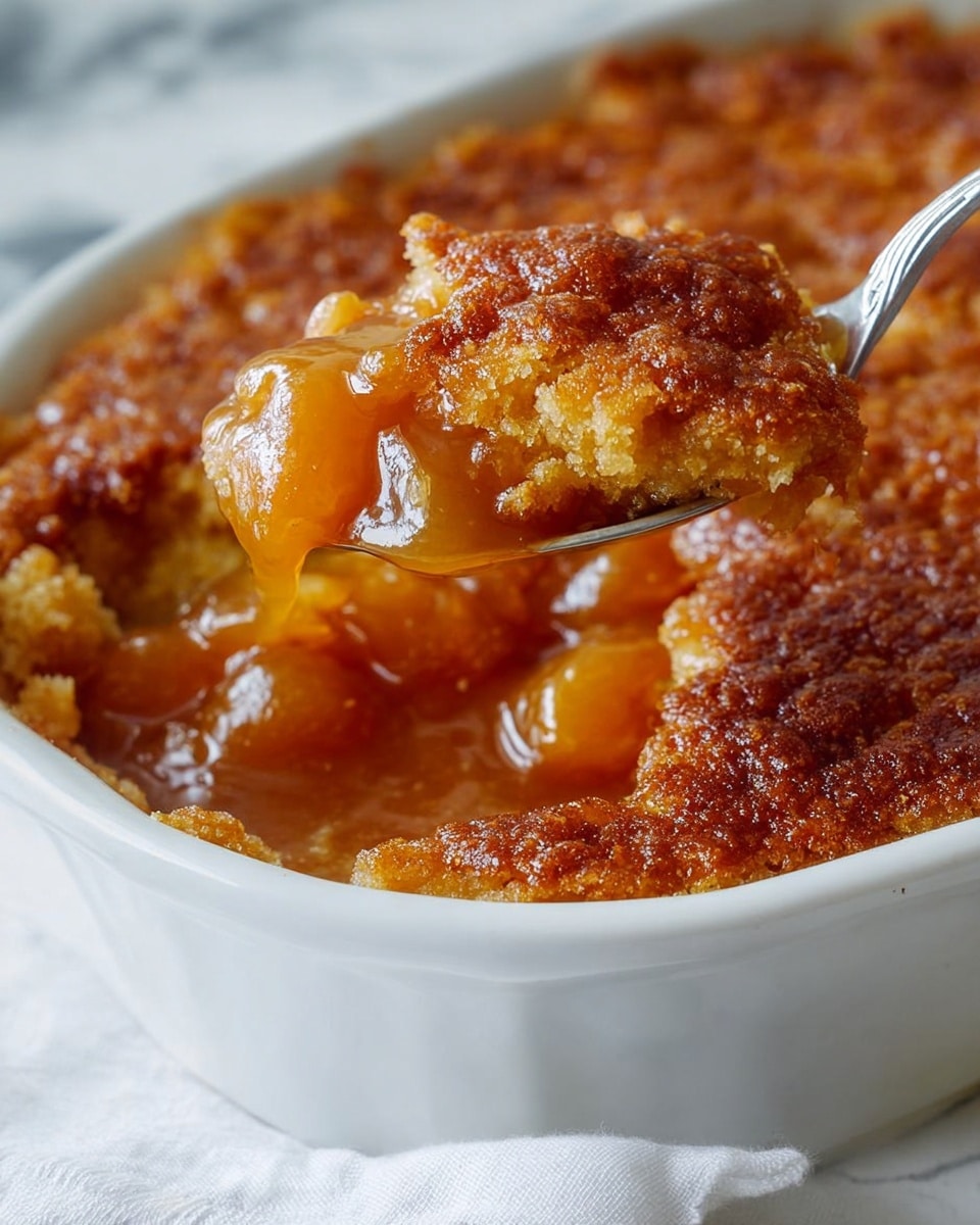 A close-up view of a baked dessert in a white ceramic dish, showing a spoon lifting a portion. The dessert has two main layers: a golden-brown, crispy top layer with a rough texture, and underneath, a glossy, thick, amber-colored sauce that looks smooth and glossy, filled with soft, cooked fruit pieces. The white ceramic dish is positioned on a white marbled surface with a white cloth partially under it. Photo taken with an iphone --ar 4:5 --v 7