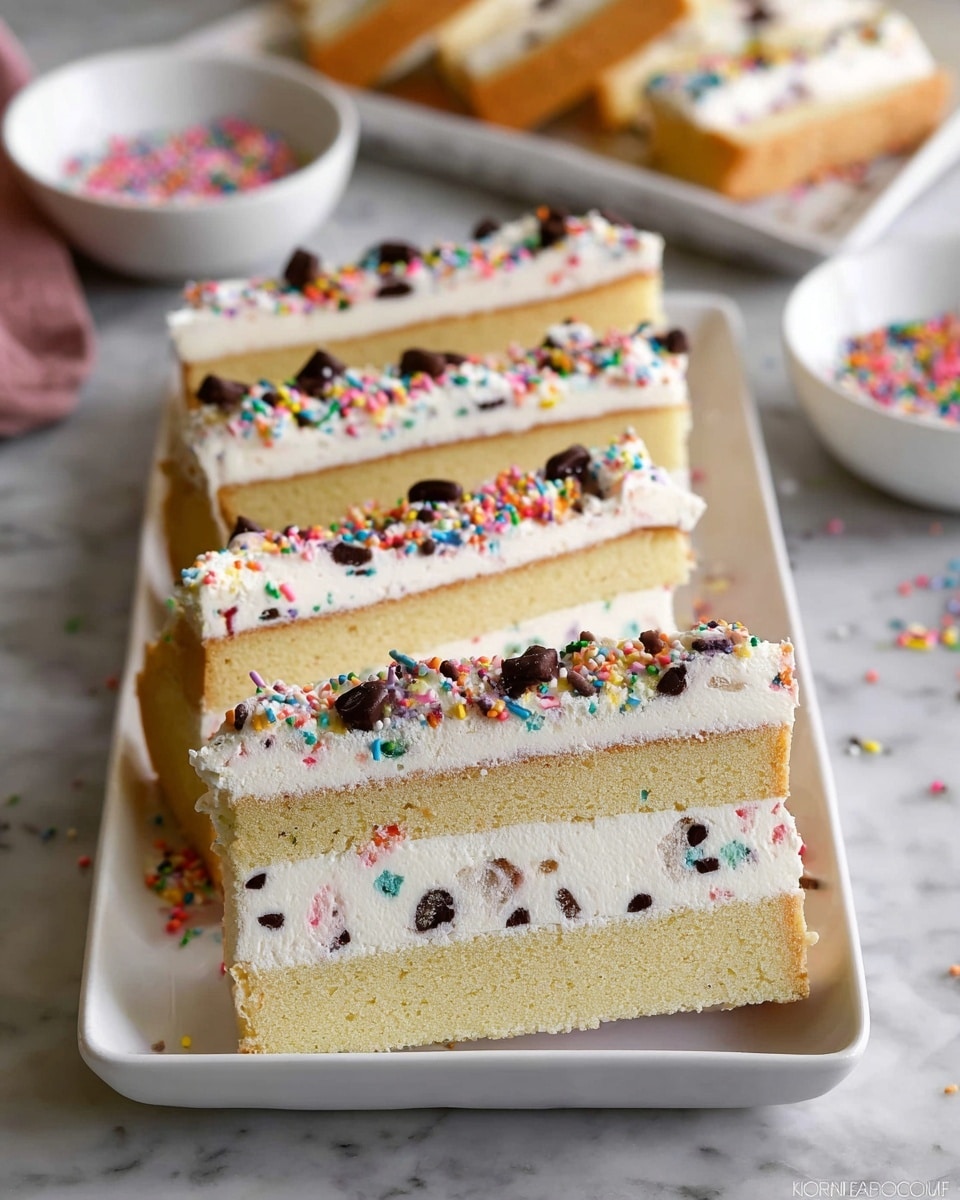 Several slices of a two-layer vanilla cake with a thick white cream filling and frosting are arranged on a white rectangular plate. The cake layers are light yellow with a soft texture, while the cream filling is dotted with colorful sprinkles and small dark chocolate pieces. The top frosting is evenly spread and decorated with more vibrant sprinkles, adding a playful touch. In the blurred background, there are white bowls with additional sprinkles and more cake slices, all placed on a white marbled surface. photo taken with an iphone --ar 4:5 --v 7