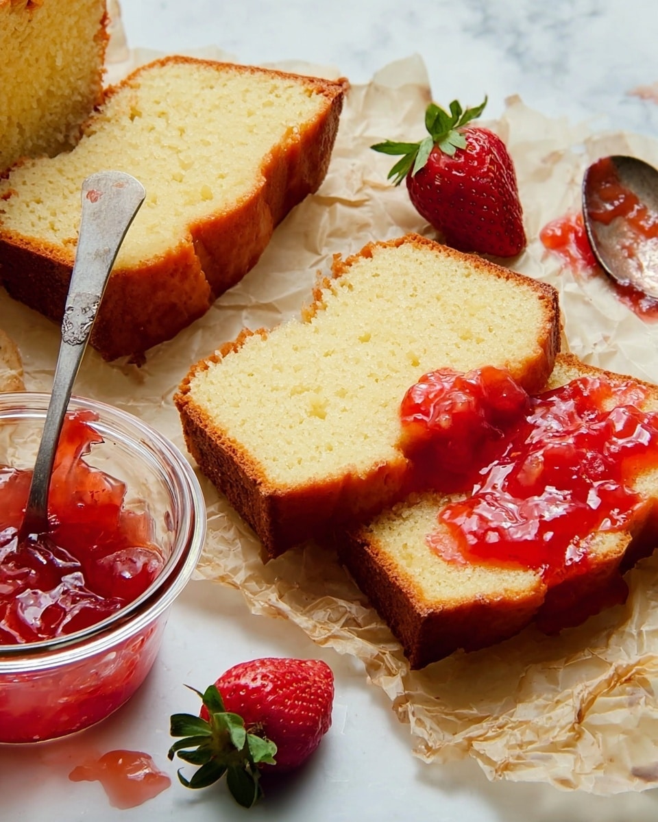 The image shows three slices of light yellow pound cake with a soft texture and golden brown edges, laid out on crinkled parchment paper over a white marbled surface. The middle slice is topped with a thick layer of bright red, glossy strawberry jam with visible fruit pieces. Two whole strawberries with green leaves are placed next to the cake, along with a metal spoon holding more strawberry jam. A glass bowl with some jam residue is partially visible on the left side of the image. photo taken with an iphone --ar 4:5 --v 7