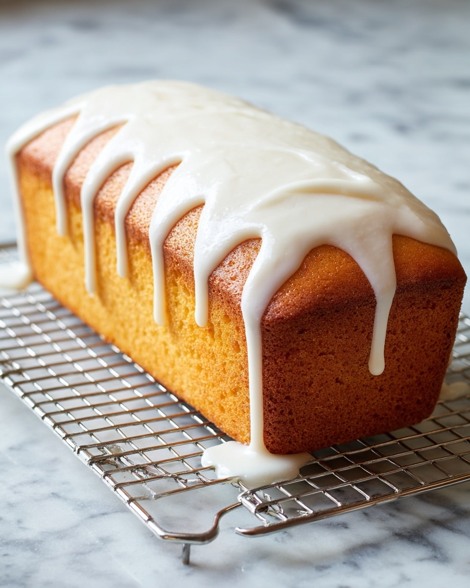 A golden brown rectangular loaf cake is placed on a round silver wire cooling rack with white frosting thickly spread and dripping down the sides, creating smooth, glossy drips over the cake edges. The frosting is thick and creamy with a white color, pooling slightly on the white marbled surface beneath the rack. The cake's texture looks soft with a slight crumbly edge. photo taken with an iphone --ar 4:5 --v 7