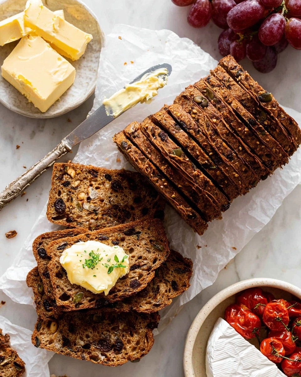 The image shows a stack of dark brown bread slices with visible seeds and raisins, placed on white parchment paper over a white marbled surface. One slice is separated and topped with a dollop of light yellow butter and a small green herb. A silver knife with some butter rests diagonally on the left side, touching one slice. To the right, there is a white bowl with stuffed red peppers in olive oil and a round white cheese wheel with a wedge cut out, wrapped partially in white paper. A bunch of red grapes is seen in the upper right corner. Photo taken with an iphone --ar 4:5 --v 7