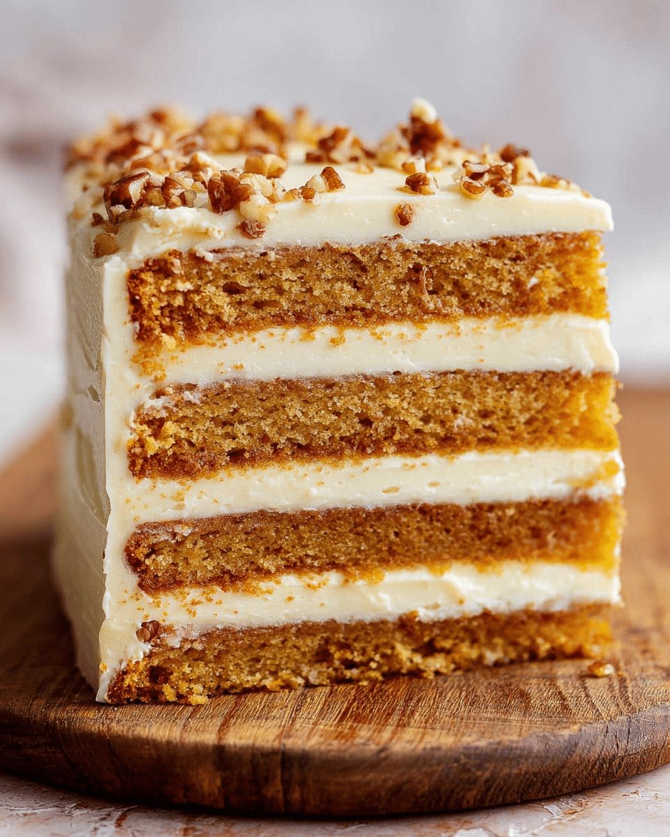 The image shows a four-layer cake with thick, soft light brown sponge layers stacked evenly with creamy white frosting in between each layer. The top layer is covered with smooth white frosting and sprinkled with small, chopped brown nuts that add texture. The cake sits on a rough wooden board, and the background is a soft focus with a white marbled texture. The layers look moist, and the frosting appears fluffy and slightly creamy. Photo taken with an iphone --ar 4:5 --v 7