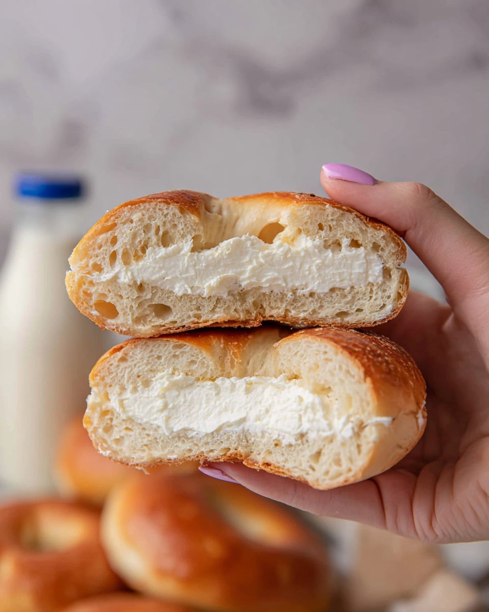 A close-up view of a bagel sandwich held by a woman's hand with light pink nail polish, broken in half to show its inside. The bagel has two layers: a golden brown, slightly crispy crust on the outside and a soft, airy white bread inside with holes scattered throughout. Between the two halves, there is a thick, smooth layer of white cream cheese spread evenly. In the background, more bagels with a golden brown crust and a blurred milk bottle with a blue cap sit on a white marbled surface. photo taken with an iphone --ar 4:5 --v 7