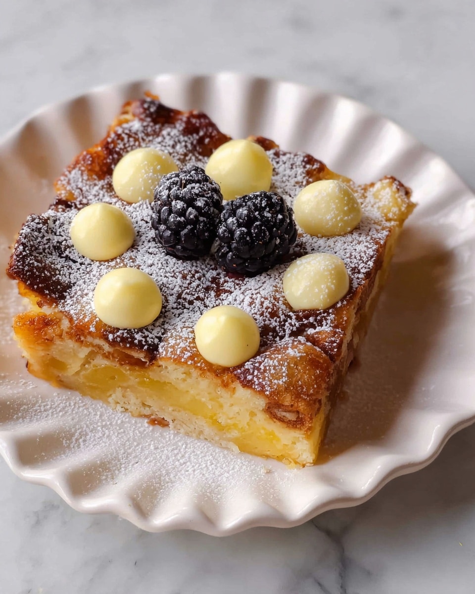 A square piece of golden-brown baked dessert with a textured top, dusted with white powdered sugar and dotted with smooth pale yellow cream blobs. Two shiny blackberries sit on top of the cream, adding dark purple and glossy texture contrasts. The dessert is on a white scalloped plate, placed on a white marbled surface. photo taken with an iphone --ar 4:5 --v 7