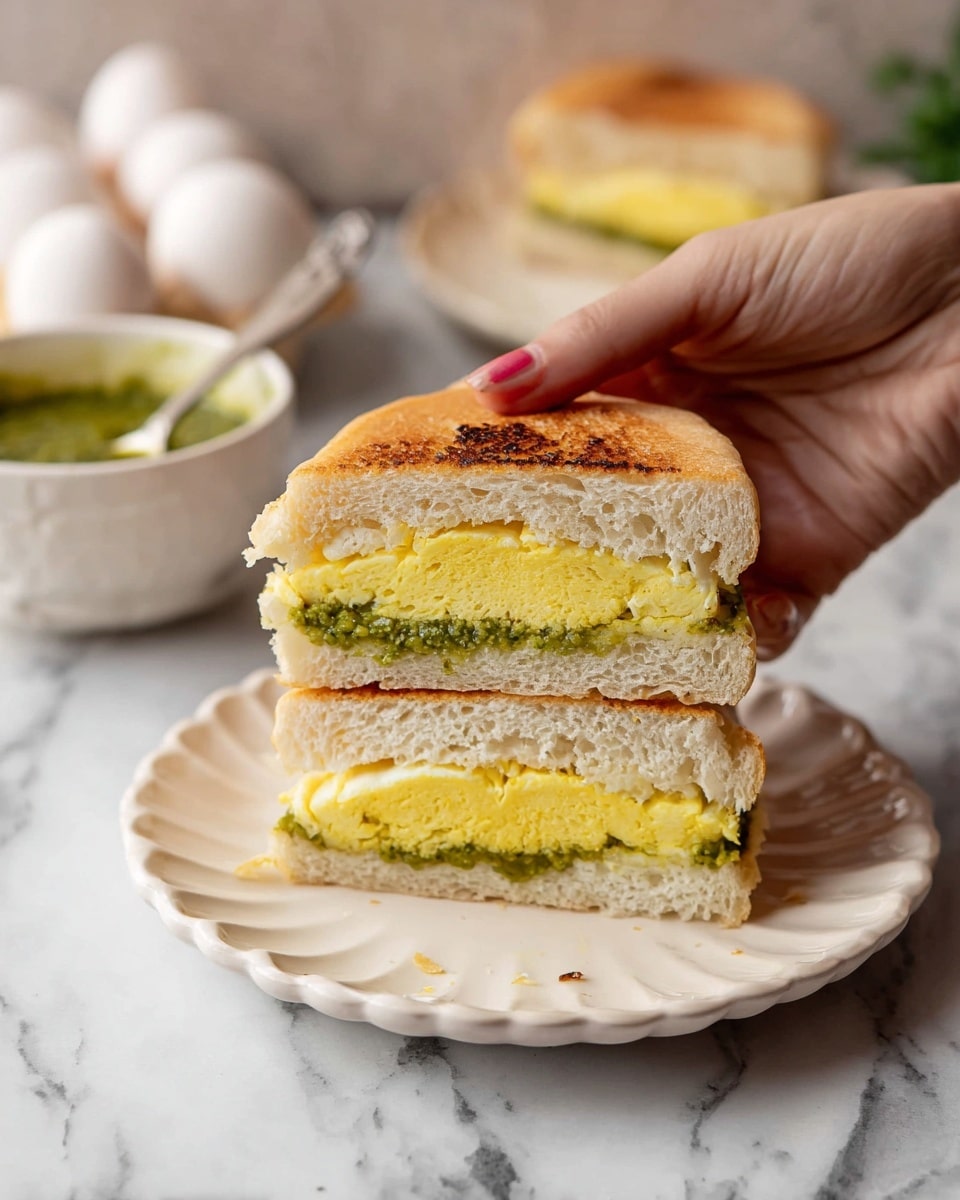 A sandwich cut in half shows three layers: at the bottom a soft, light beige bread with a spread of green sauce, in the middle a thick, fluffy, yellow folded egg, and on top a matching soft beige bread with lightly toasted bits on its surface. One half of the sandwich rests on a white scalloped plate on a white marbled surface, while the other half is held by a woman's hand above it. In the background, white eggs and a white bowl filled with more green sauce with a spoon are slightly out of focus. photo taken with an iphone --ar 4:5 --v 7